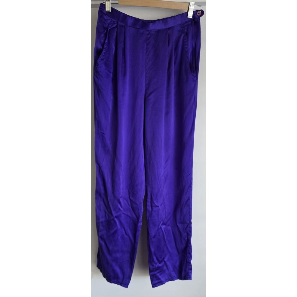 VTG Cassis Silk Pants Women Size 8 Purple Solid Straight Trousers Slacks 28x28